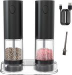Electric Salt and Pepper Grinder Set, Rechargeable Automatic Salt and Pepper Grinder Set, One Hand Operation with LED Light, Adjustable Coarseness, Refillable, 95ml, Black (2 Pack)