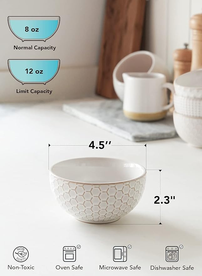 LE TAUCI Small Bowls 12 OZ, Ice Cream Bowl, Ceramic Embossment Stoneware Bowl, Bowls Set for Dessert, Fruits, Side Dishes, Suit For Housewarming - 4.5 Inch, Set of 4, Arctic white