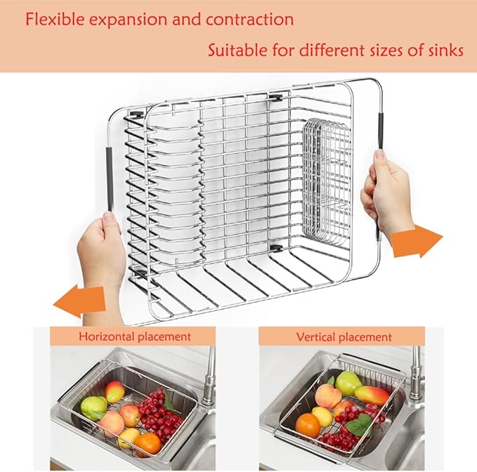 Stainless Steel Dish Drying Rack(15.2"L X 11"W X 5.3"H), Expandable Fruit & Vegetable Drain Rack over Sink, Dish Drainer Rack in Sink, with Stainless Steel Utensil Holder & Silicone Mat(16")