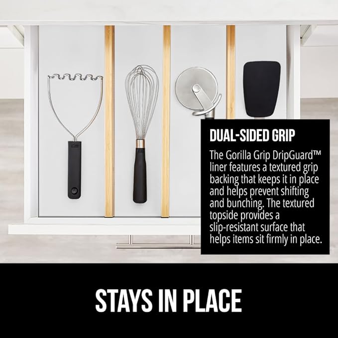 GORILLA GRIP DripGuard Drawer and Shelf Liner for Cabinet, 24x240 Inch, Slip Resistant Non Adhesive Protection for Kitchen, BPA Free Smooth Surface Plastic Liners for Cabinets, Bathroom Drawers, White