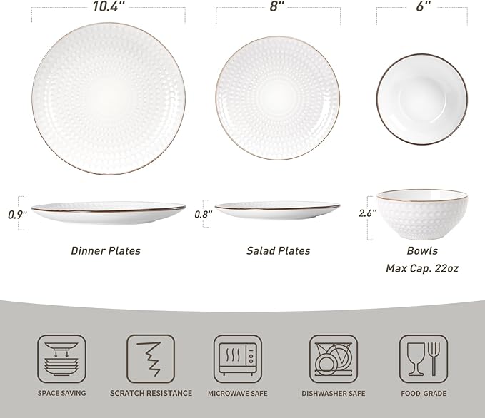 Famiware Eden Plates and Bowls Sets, Stoneware Dinnerware Sets with Gold Trim, 18 Pieces Dishes Set for 6 - Chip and Scratch Resistant, Microwave and Dishwasher Safe, White Circle