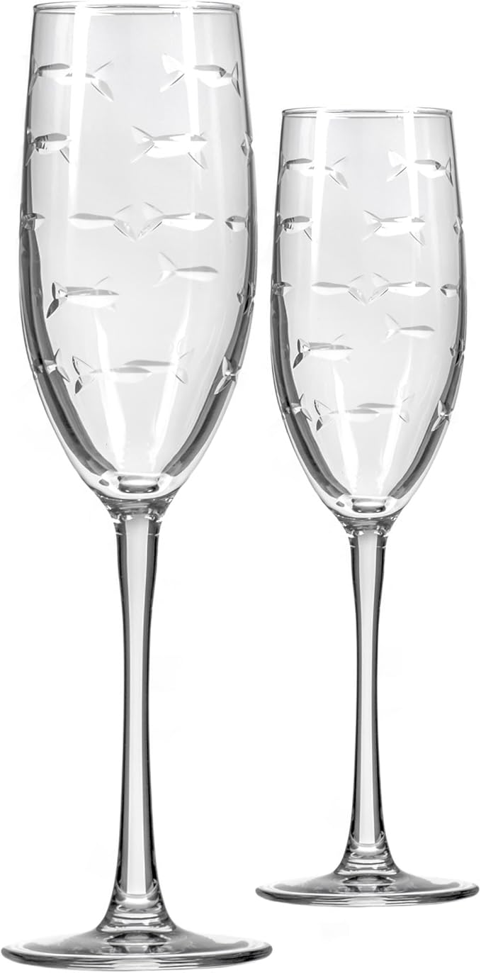 Rolf Glass School of Fish 8oz Champagne Flute Glass | Toasting Flute Glasses | Lead-Free Glass | Etched Flute Glasses | Proudly Made in the USA (Set of 2)