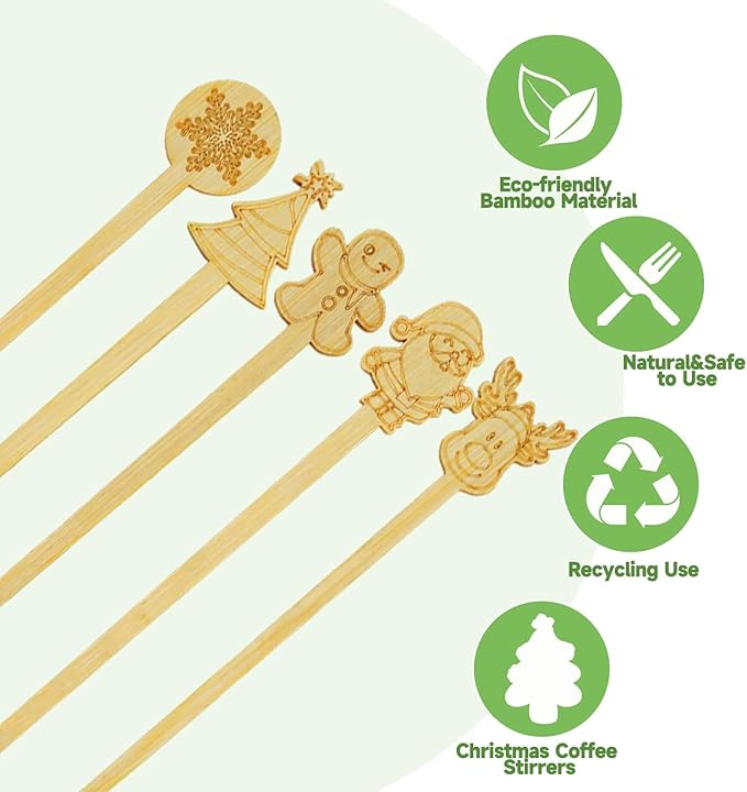 50PCS Bamboo Coffee Stirrers, 7inch Christmas Biodegradable Disposable Coffee Drink Cocktail Stirrers for Coffee Milk Christmas New Year Office Hot Chocolate Bar Supplies