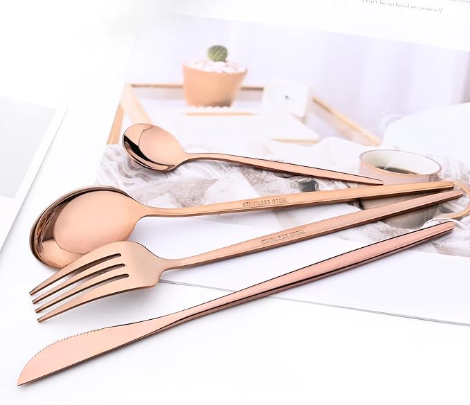 24-Piece Mirror Rose Gold Cutlery Set, Snplowum Stainless Steel Flatware Hanging Tableware Silverware Set Include Knife/Fork/Spoon/Teaspoon and Storage Rack For Daily Use, Service For 6