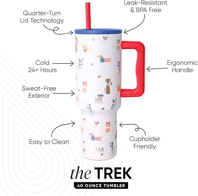 Simple Modern 4th of July 40 oz Trek Tumbler with Handle and Straw Lid | Cup Holder Friendly Insulated Stainless Steel Travel Mug | Patriotic Pets