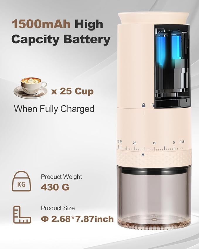 Portable Cordless Burr Coffee Grinder, Electric Conical Bur Espresso Grinder with 38 External Adjustable Grind Settings, Battery Display Panel, Rechargeable Small Coffee Bean Mill For Travel
