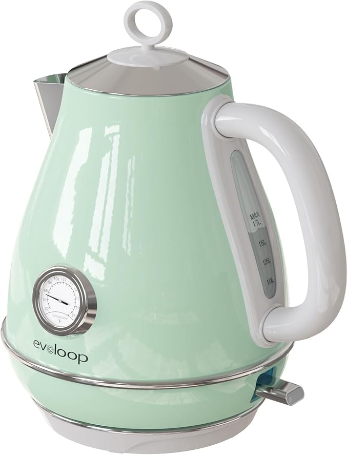 Electric Tea Kettle, 1500W /1.7 Liter Hot Water Boiler Heater Pot, Retro Electric Kettle with Thermometer, Auto Shut-Off & Boil-Dry Protection, BPA Free,Stainless Steel Teapot