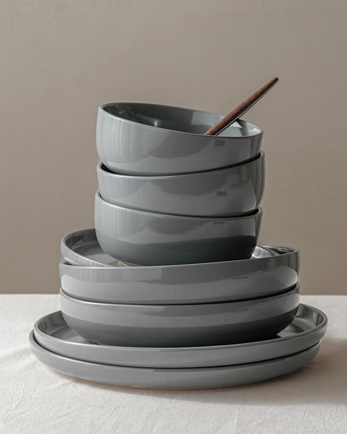 Famiware Milkyway Stoneware Dinnerware Sets with Pasta Bowls, Service for 4 (16 Pieces), Plates and Bowls Sets -Scratch Resistant, Microwave and Dishwasher Safe Dishes Set, Dark Gray