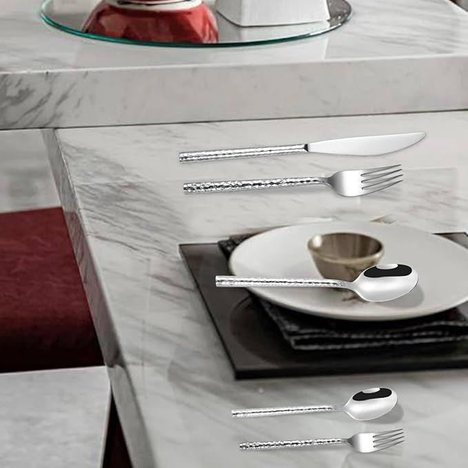 50-Piece Hammered Silverware Flatware Cutlery Set Service for 10,304 Thickened Stainless Steel Cutlery Knife,Fork and Spoon Set,Dishwasher Safe,Gift Package for Wedding Housewarming