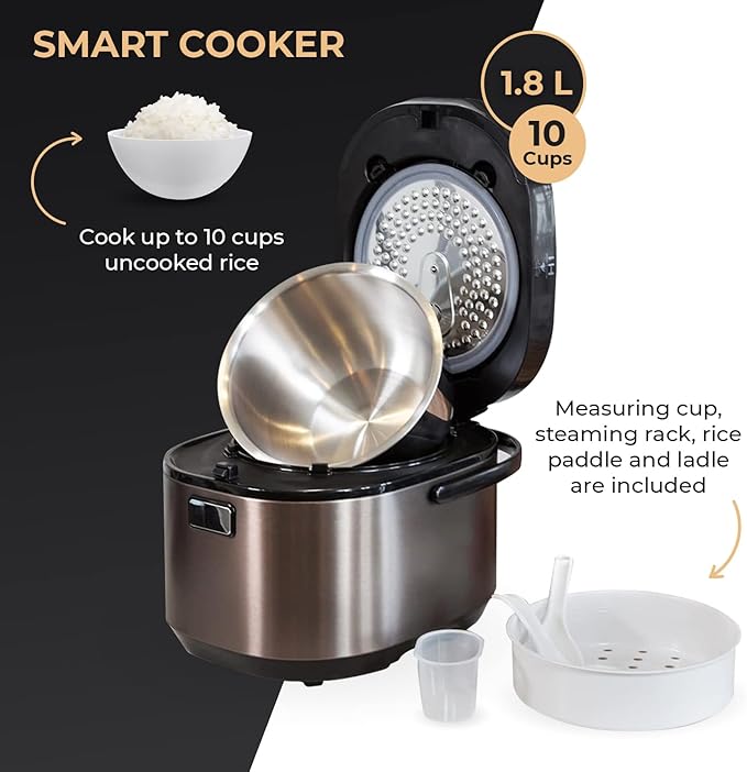 Buffalo Titanium Grey IH SMART COOKER, Rice Cooker and Warmer, 1.8L, 10 cups of rice, Non-Coating inner pot, Efficient, Multiple function, Induction Heating (10 cups)