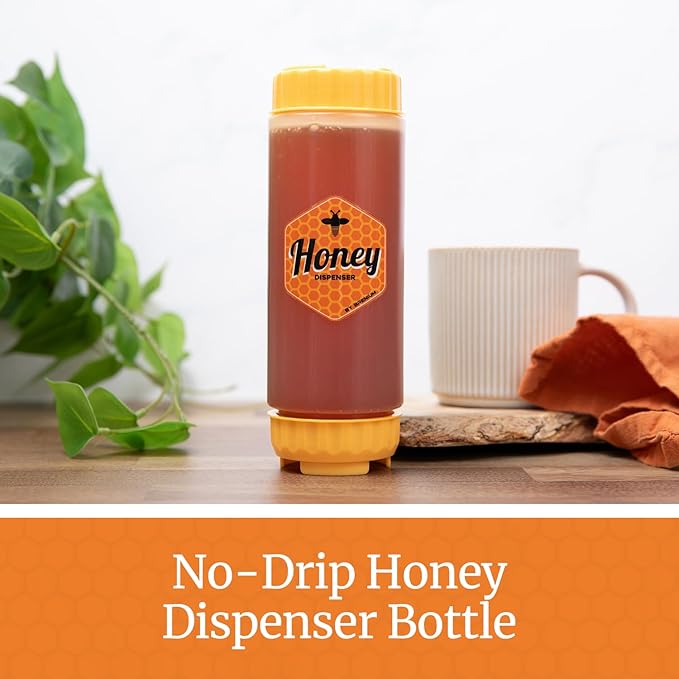 No‑Drip Honey Dispenser Bottle FIFO – 18 oz BPA-Free Squeeze Jar with Silicone Valve for Mess-Free Pouring – Refillable Honey Container for Syrup, Agave, Salad Dressing, Breakfast Use
