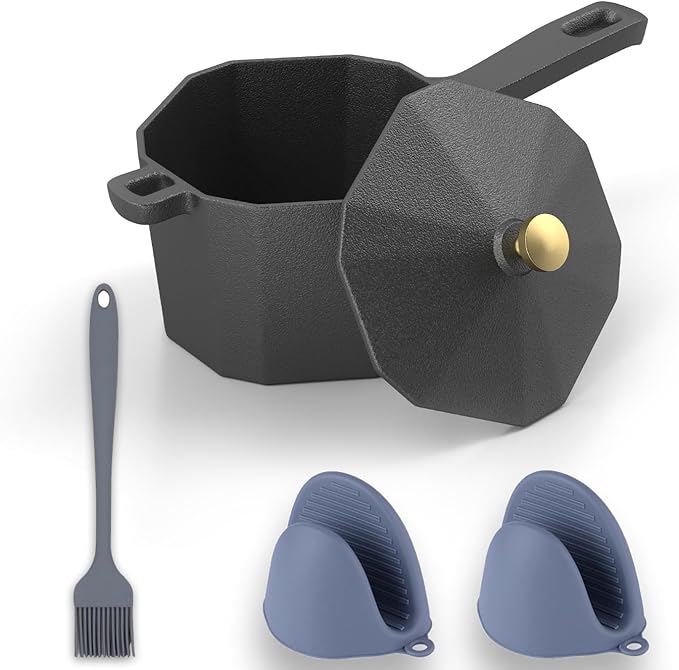 Cast Iron Sauce Pot with Lid,Premium Small Cast Iron Pan for Butter Melting, Basting and Grilling,Heavy Duty Butter Warmer, Camping Cookware,Includes Heat Resistant Gloves and Spice Brush