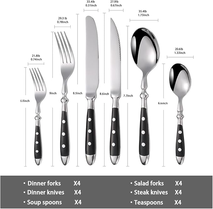 24-Piece 18/0 Stainless Steel Silverware set,Vintage Flatware set with Bakelite Handle,service for 4,Cutlery set (Black)