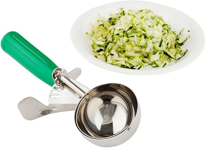 Restaurantware Met Lux 3.25 Ounce Portion Scoop 1 Trigger Release Cookie Scoop - With Green Handle Stainless Steel Disher For Portion Control Scoop Cookie Dough Cupcake Batter Or Ice Cream