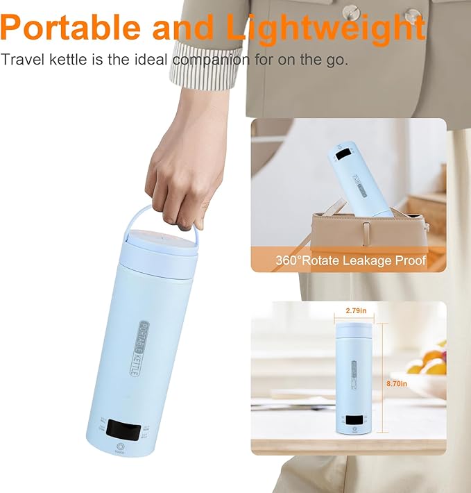 Travel Kettle,Portable Electric Kettle with Temperature Control, Brews Two Cups of Coffee, 316 Stainless Steel Inner Tank, Elegant Blue