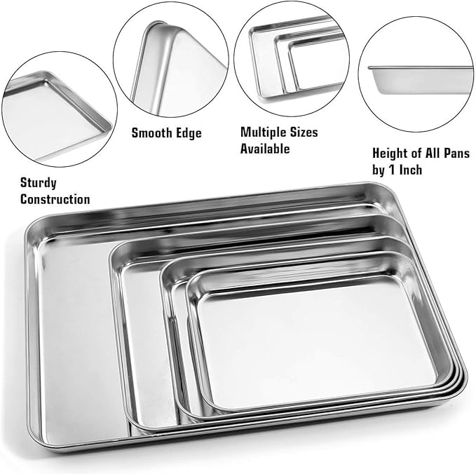 Baking Sheet with Silicone Mat Set, Set of 8 (4 Sheets + 4 Mats), Stainless Steel Cookie Sheet Baking Pans with Reusable Silicone Baking Mat, Non Toxic & Heavy Duty & Easy Clean