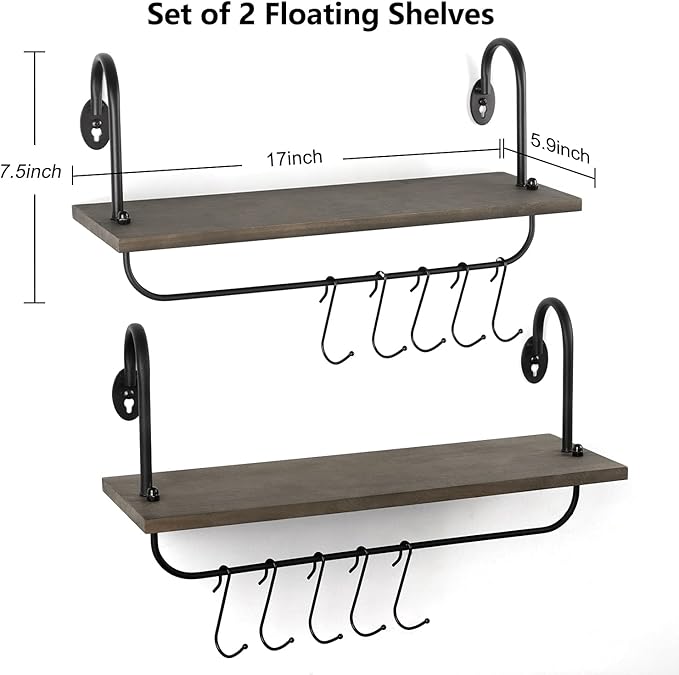 Olakee Floating Wall Shelves for Bathroom Kitchen Coffee Nook with 10 Adjustable Hooks for Mugs Cooking Utensils or Towel Rustic Storage Shelves Set of 2/17x5.9 inch (Weathered Grey)