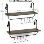 Olakee Floating Wall Shelves for Bathroom Kitchen Coffee Nook with 10 Adjustable Hooks for Mugs Cooking Utensils or Towel Rustic Storage Shelves Set of 2/17x5.9 inch (Weathered Grey)