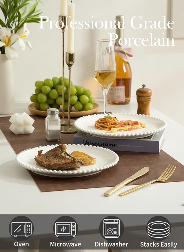 OMAYKEY 10.5" Ceramic Dinner Plates Set of 8, Catering Round Dining Plates, Large Salad Plate, White Porcelain Kitchen Plate for Pizza, Steak, Microwave and Dishwasher Safe