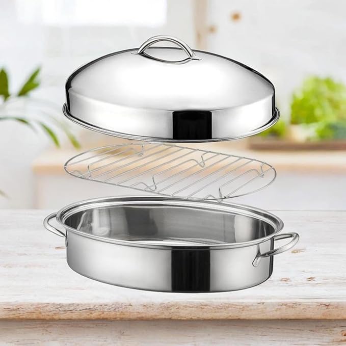 16in Fish Poacher Cooking Pot with Lid Portable Handle Multiuse Baking Tray for Seafood And Eggs, A