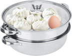 Oumefar Steamer Pot for Cooking, 11in Stainless Steel 2 Layer Steamer Cooking Pot Set, Multipurpose Steamer Pan Set with Glass Lid, Steaming Pot Cookware for Dumpling, Vegetable