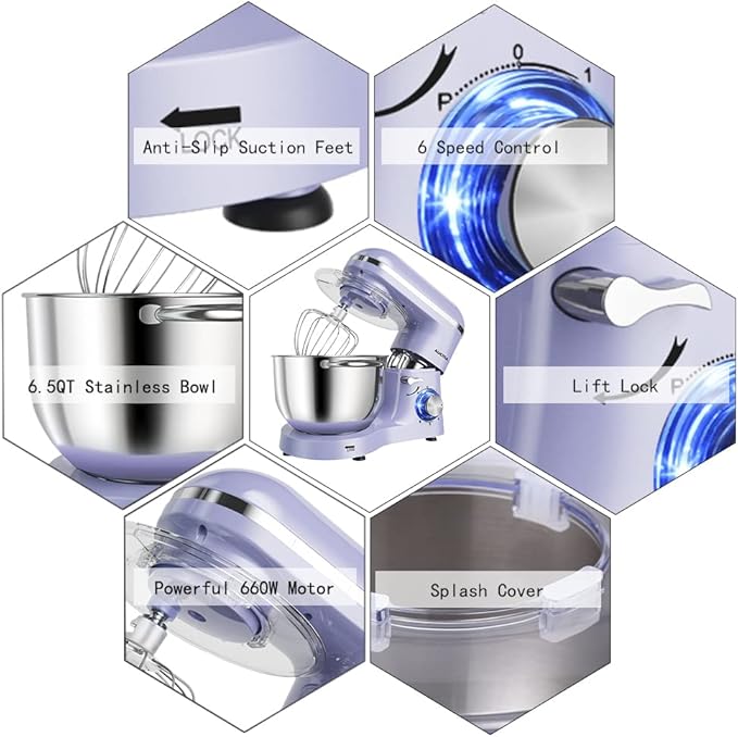 Aucma Stand Mixer,6.5-QT 660W 6-Speed Tilt-Head Food Mixer, Kitchen Electric Mixer with Dough Hook, Wire Whip & Beater (6.5QT, Lavender)
