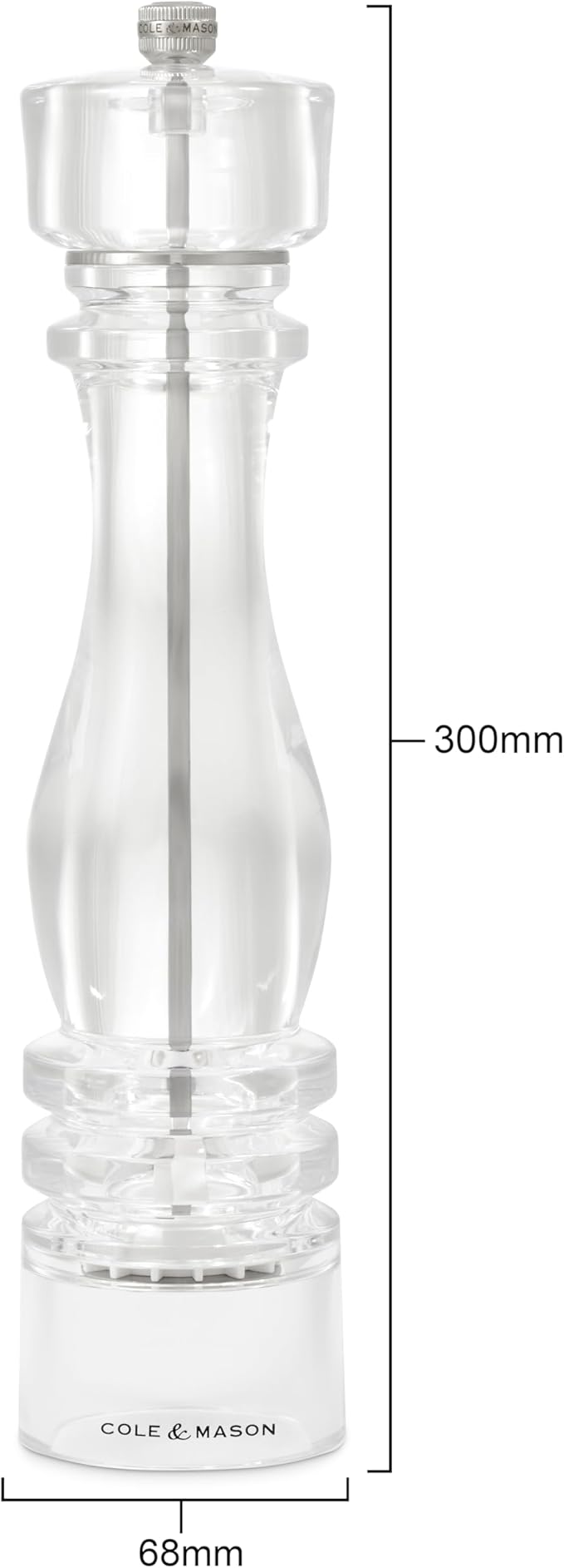 Cole & Mason London Refillable Spice Mill - Kitchen & Home Accessory - Table Black Pepper Grinder - Pepper Mill with Carbon Steel Mechanism - 12", Acrylic