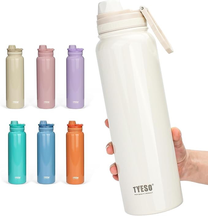 TYESO Insulated Stainless Steel Water Bottle With Spout Lid and Handle for Sports, Travel, and School，Insulated Water Bottle Keep Cold 24H, Leak-Proof (White, 25 oz)