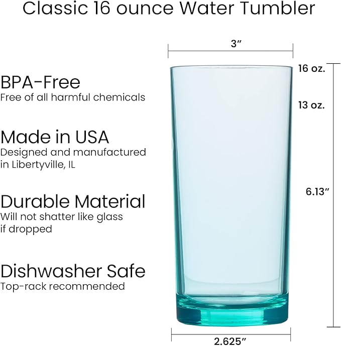 US Acrylic Classic Plastic Reusable Drinking Glasses (Set of 6) 16oz Water Cups Assorted Colors | BPA-Free Tumblers, Made in USA | Top-Rack Dishwasher Safe