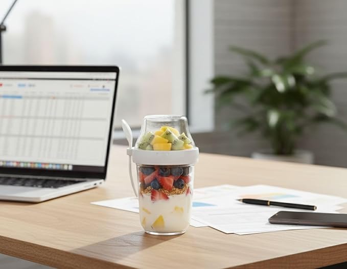 Felli On the Go Yogurt Parfait Snack Cup 12 oz with Spoon & Lid, 100% Leak Proof Granola Holder for To Go Breakfast Cereal Fruit Overnight Oats Container Reusable, Travel Hiking Camping (2, White)