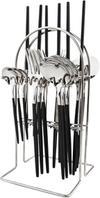 Black Silver 24Pcs Flatware Set With Stand, Lightweight Dinnerware Set Stainless Steel Cutlery With Black handles For Home Kitchen Wedding Party And Daily Use,Service For 6, Mirror Polish