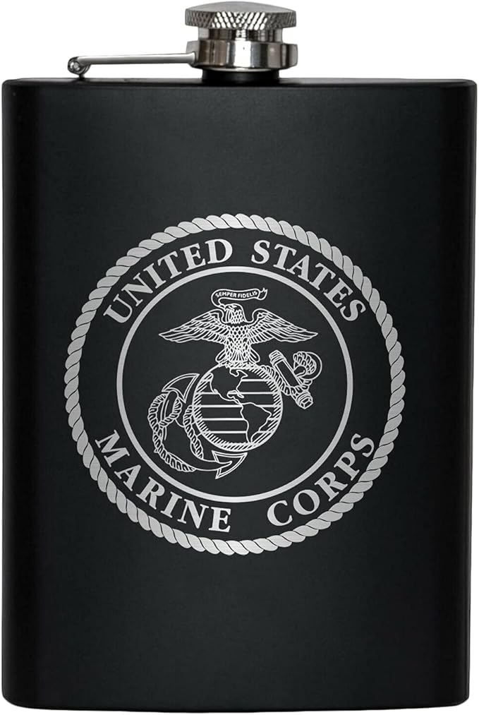 Stainless Steel Hip Flask for Liquor – Matte Black, Great Gift Idea for Marines | USMC 8oz Flask Black