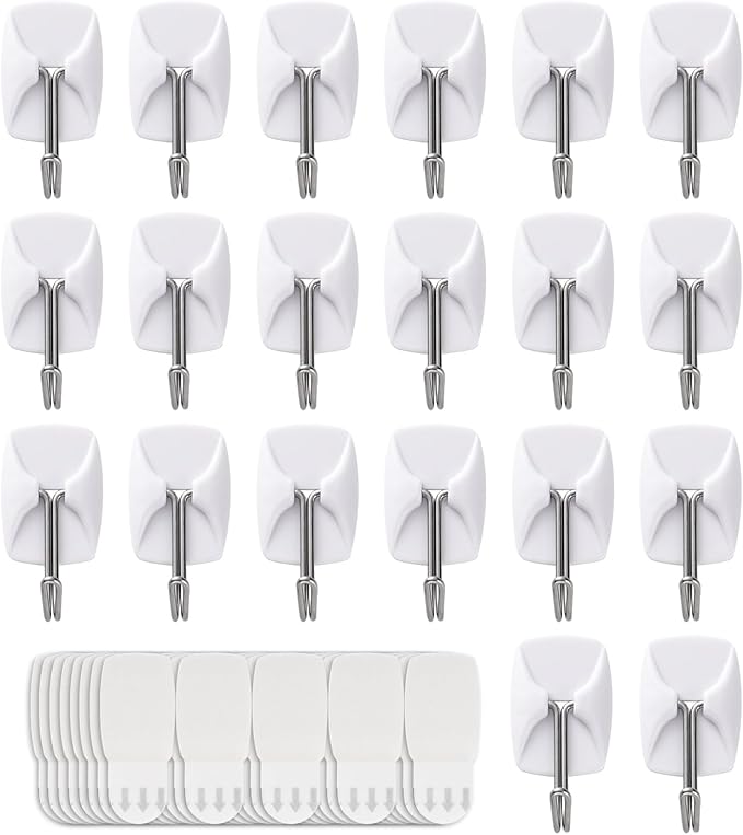 20 Small Hooks+40 Removable Strips, White Wire Hanger Hooks, Heavy Duty with Adhesive Strips, Damage-Free Utility Hooks, No Tools Wall Hook for Hanging, Value Pack