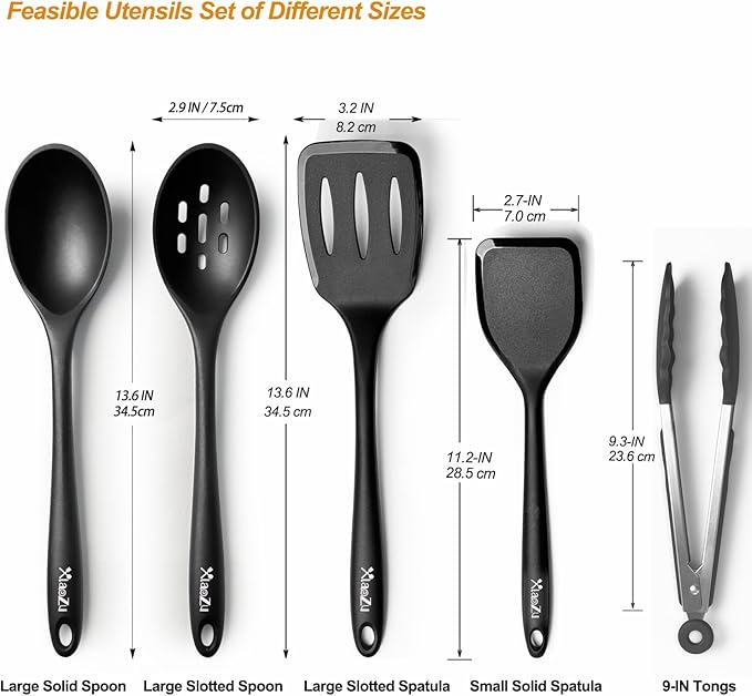 Silicone Cooking Utensils Set, Heat Resistant and large Non Stick Spatulas & Spoons for Kitchen, Ideal BPA Free Kitchen Turners for Frying, Mixing,Serving,Draining,Turning