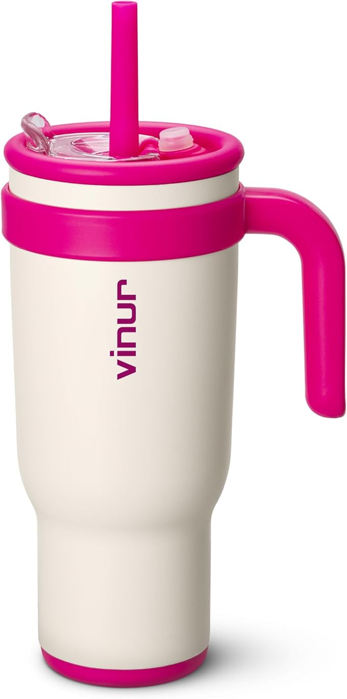 VINUR 40 oz Insulated Tumbler with Handle|Leak-Proof Lid|18/8 Stainless Steel Vacuum Travel Cup Coffee Mug with Rubber Base | Cup Holder Friendly| Gifts for Women & Men, Cream