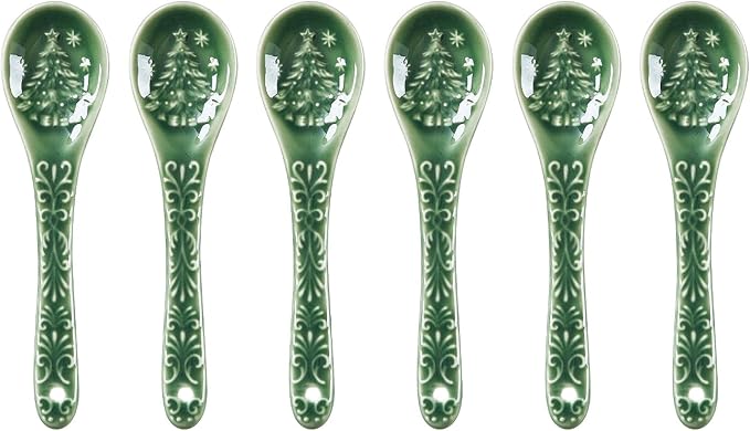 Christmas Tree Coffee Spoons, Ceramic Teaspoons, Small Spoons for Espresso, Dessert, Tea, Stirring, Dishwasher & Microwave Safe, Green, Set of 6