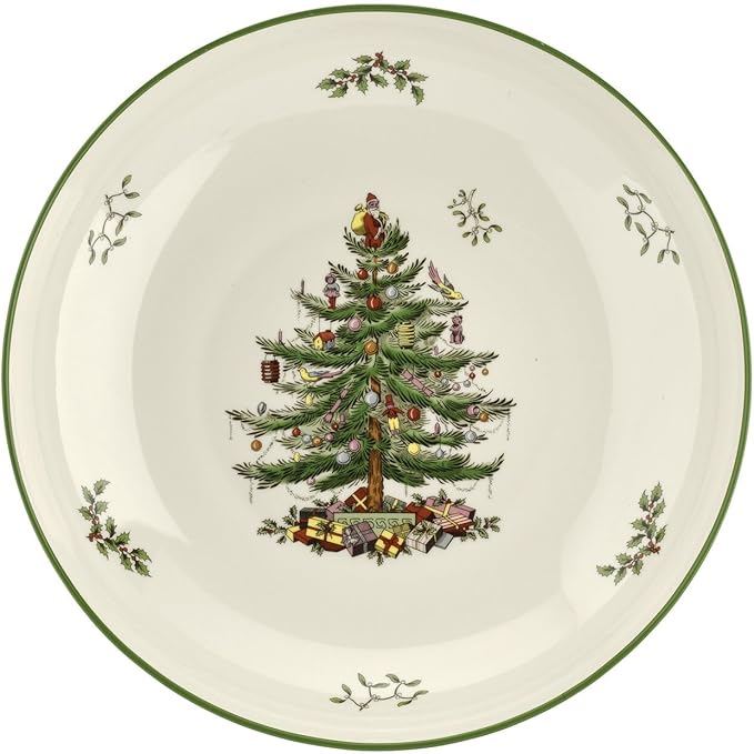 Spode Christmas Tree Collection Pasta Bowl - Large 13-Inch Serving Bowl, Dishwasher, Microwave, and Freezer Safe, Made of Porcelain, Serveware, Christmas Tree Design, Green/Beige