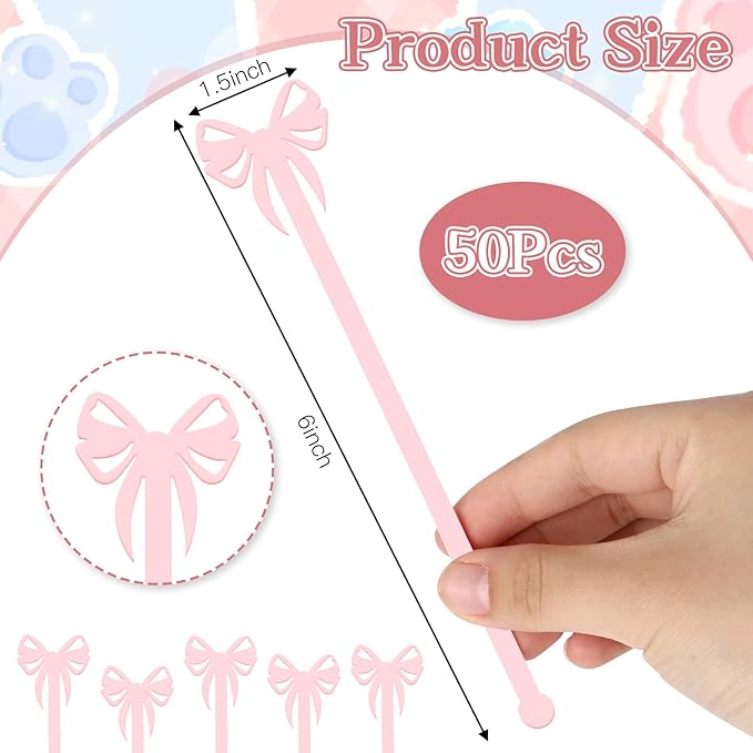 50 Pcs Bow Drink Stirrer, Reusable Acrylic Cocktail Stirrers, 15 cm / 6 in Pink Bow Swizzle Stir Sticks for Cocktails Coffee Bachelorette Party Wedding Festival Decoration