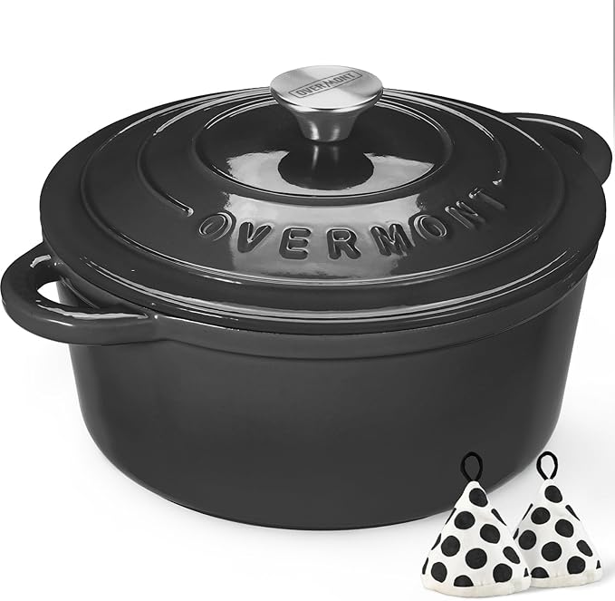 Overmont Enameled Cast Iron Dutch Oven - 5.5QT Pot with Lid Cookbook & Cotton Potholders - Heavy-Duty Cookware for Braising, Stews, Roasting, Bread Baking Graphite Gray