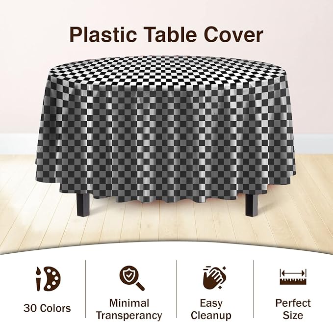 Exquisite Party Solids 12-Pack - Premium Plastic Tablecloth 84 Inch Round Table Cover - Checkered
