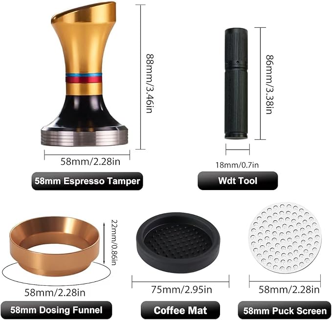 58mm Espresso Tamper Accessories Kit: 58mm Coffee Espresso Tamper Set, with Espresso Tamper, Wdt Stirrer Tool, Puck Screen, Dosing Funnel, Tamper Mat, Coffee Stencils for Espresso Machine (Golden)