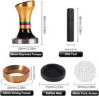 58mm Espresso Tamper Accessories Kit: 58mm Coffee Espresso Tamper Set, with Espresso Tamper, Wdt Stirrer Tool, Puck Screen, Dosing Funnel, Tamper Mat, Coffee Stencils for Espresso Machine (Golden)