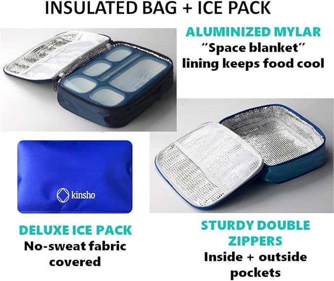 Bento-Box with Bag and Ice Pack Set. Lunch Boxes Snack Containers Kids Boys Girls Adults. 6 Compartments, Leakproof Portion Boxes Insulated Bags for School Lunches, BPA Free (Blue + Navy)