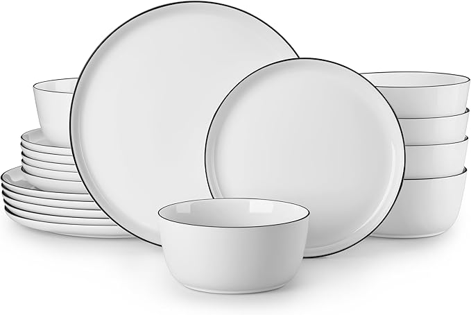 MALACASA 18 Pieces Gourmet Porcelain Dinnerware Sets, Premium Plates and Bowls Set, High-Fired Dishes Set for 6, Chip & Scratch Resistant, Microwave Dishwasher Safe, White & Black Rim, Series LEXI