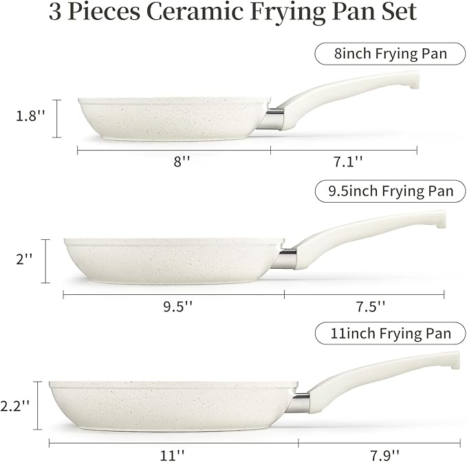 Ceramic Frying Pan Set, Set of 3 Non Stick Frying Pans, White Ceramic Induction Cookware, Nonstick Skillet Omelette Egg Frying Pan Set, kitchen Cooking Pan Set, PFOA&PFAS Free