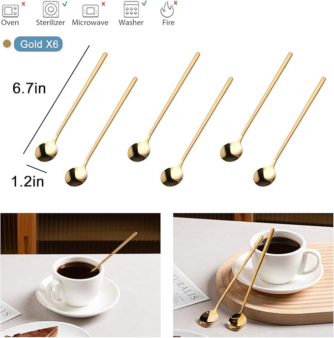 6.7 Inches Coffee Spoons, 18/8 Stainless Steel Espresso Spoons, 6 PCS Vogue Mini Tea Spoons, Cappuccino Stirring Spoons, Small Spoons for Dessert, Ice Cream, Frosted Handle,Sweejar(Gold)