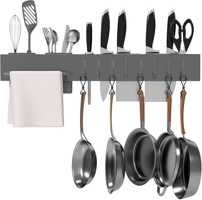 NET MEYA Stainless Steel Pot and Pan Hanger,Wall Mounted Pot Rack Kitchen Hanging Rail With S Hooks,Detachable Pans Hanging Rail Kitchen Lids Utensils Hanger,19.7 InchWall Mounted Hanging Pot Rack