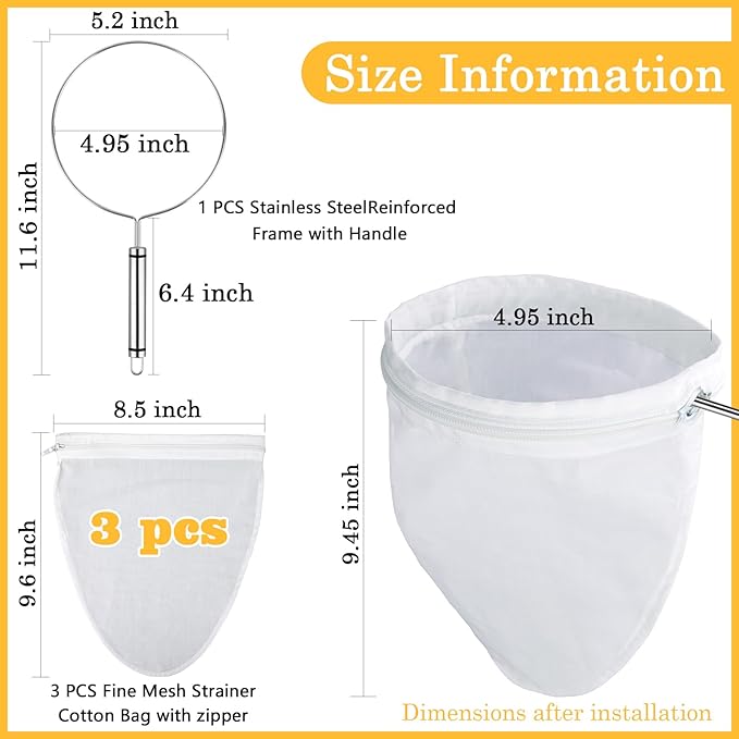 WMKGG Ultra Fine Mesh Strainer Bags,Cheese Cloth Bag for Straining, with Stainless Steel Handle Frame for Juices,Nut Milk,Fresh Cheese,Yogurt (Small Size)(4.95"Wx9.6"D)