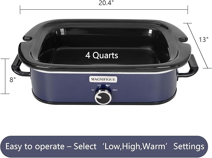 Magnifique 4-Quart Slow Cooker with Casserole Manual Warm Setting - Perfect Kitchen Small Appliance for Family Dinners, Dishwasher Safe Crock, Blue
