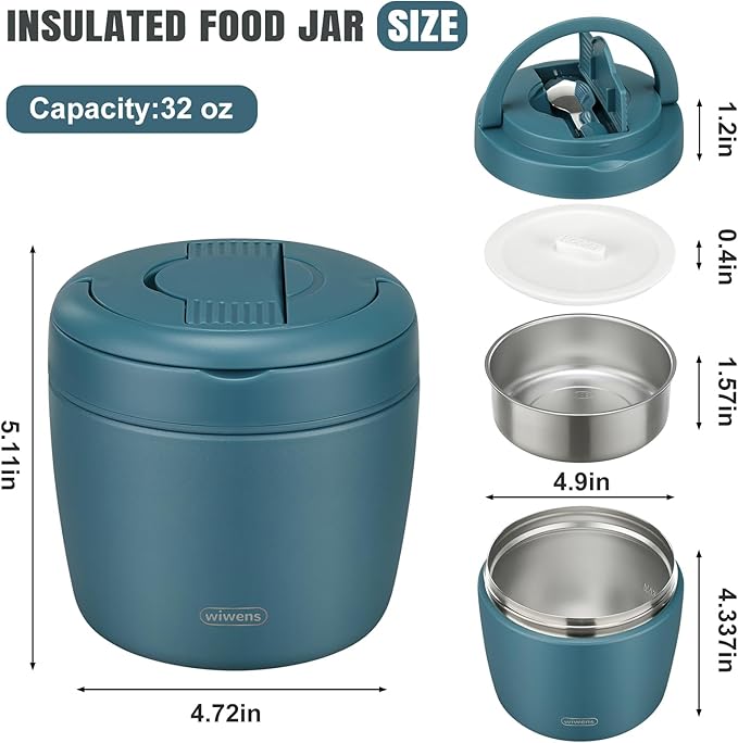 Thermo Food Jar for Hot Food Adults 32OZ Soup Thermo Lunch Containers Wide Mouth Vacuum Insulated Stainless Steel Leakproof Bento Box with Spoon (lake blue)